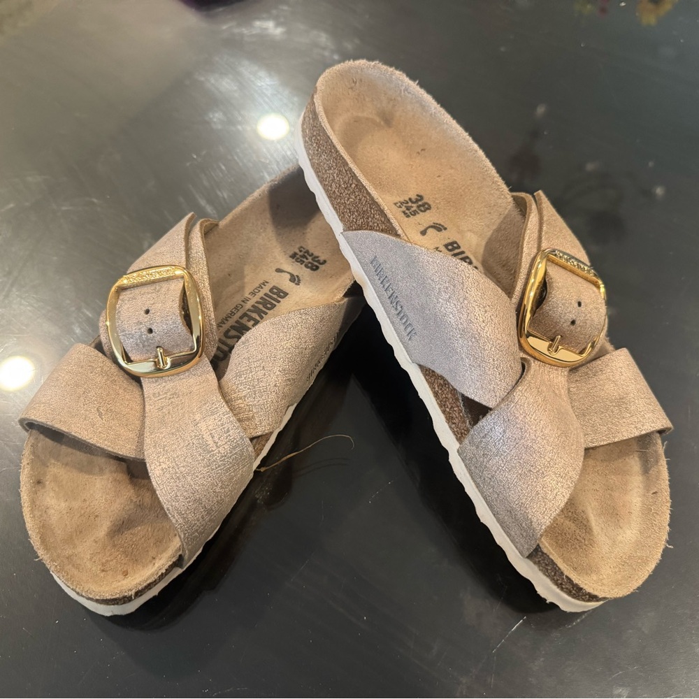 Birkenstock Tan Sandals with Gold Buckle